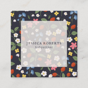 Babysitter Strawberry navy pattern square Square Business Card