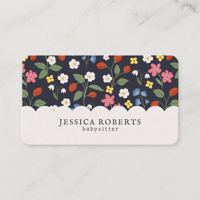 Babysitter strawberry pattern navy Business Card (Front)