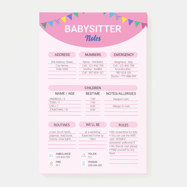 Babysitting Business | Babysitter Information Note (Front)