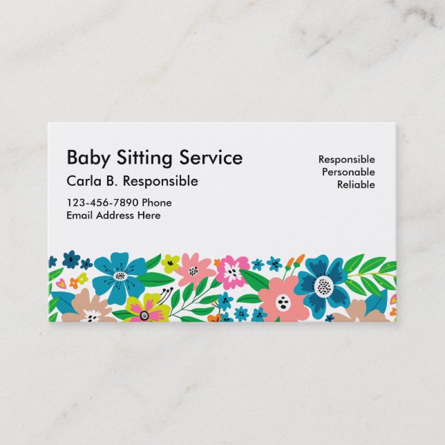 Babysitting Business Cards Decorated Floral Style (Front)