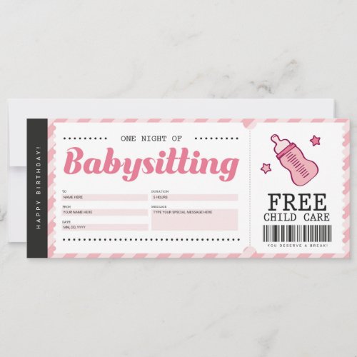 Babysitting Pink Gift Coupon Voucher Certificate Invitation
