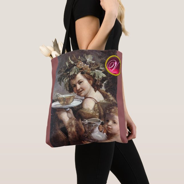 BACCHUS, GRAPES AND WHITE WINE GEMSTONE MONOGRAM TOTE BAG (Close Up)