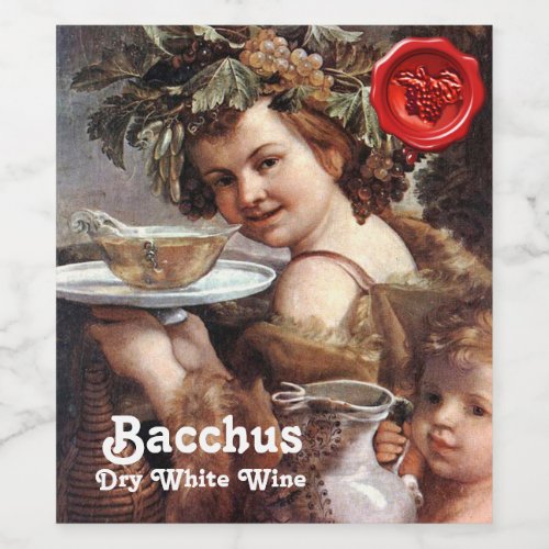 BACCHUS WITH GRAPES AND WHITE WINE RED WAX SEAL WINE LABEL