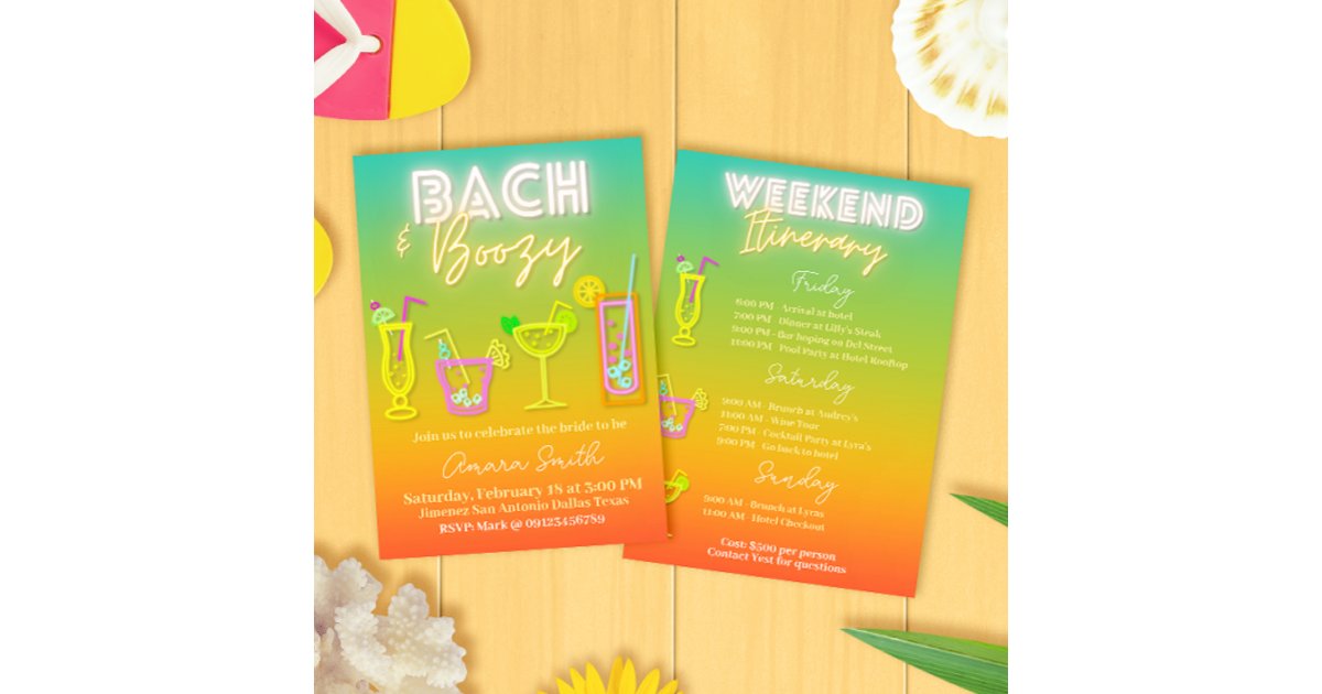 Bach and Boozy Bachelorette with Itinerary Invitation | Zazzle