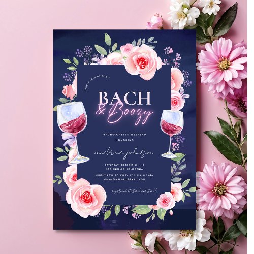 Bach and Boozy Neon  Pink Floral Bachelorette Invitation