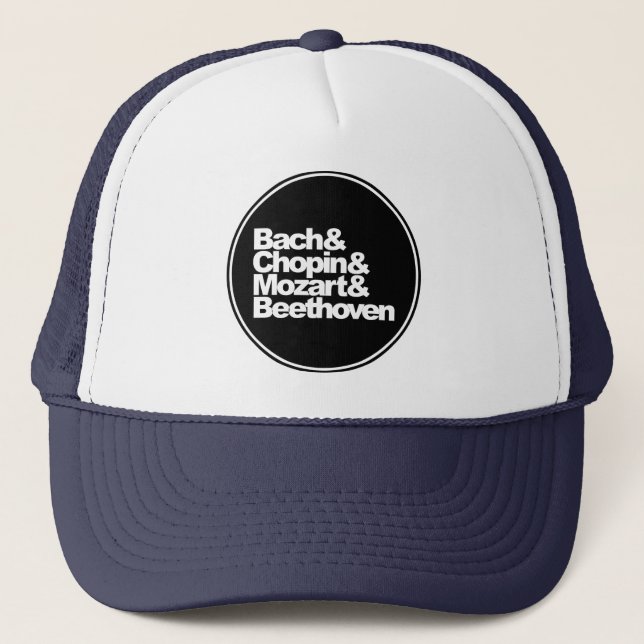 Bach and Chopin and Mozart and Beethoven Trucker Hat (Front)