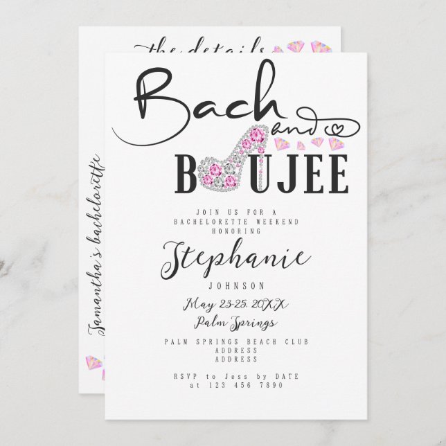 Bach & Boujee Pink Diamond Glam Bachelorette Party Invitation (Front/Back)