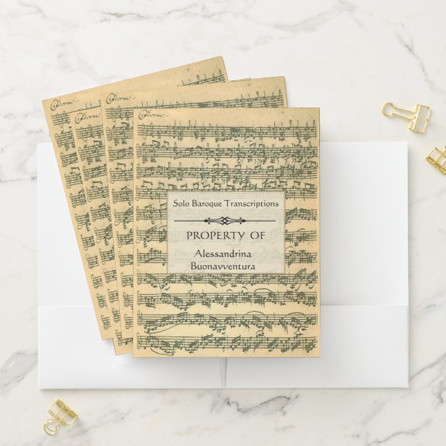 Bach Chaconne Manuscript Editable Text Label Pocket Folder (In Situ)