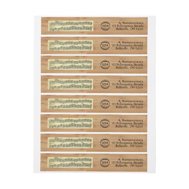 Bach Music Manuscript Wood Look International Wrap Around Address Label (Sheet)