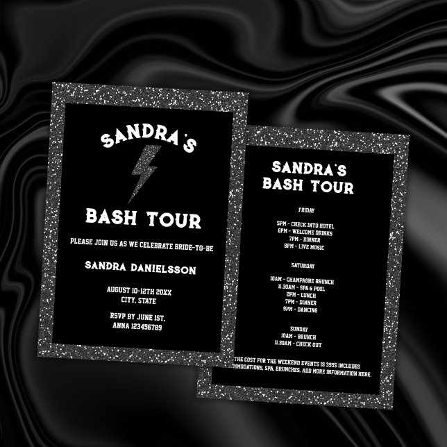 Bach Tour Black Rock and Roll Bachelorette Weekend Invitation (rock bachelorette party invitation weekend itinerary bach tour black gliter)