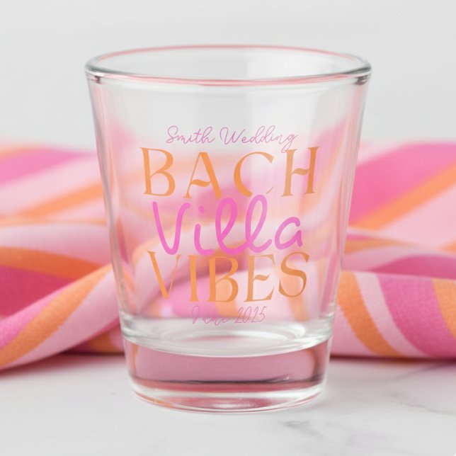 Bach Villa Vibes - Pink and Orange Tropical  Shot Glass (Raise a glass to the bride with this fun and flirty “Bach Villa Vibes” shot glass!)