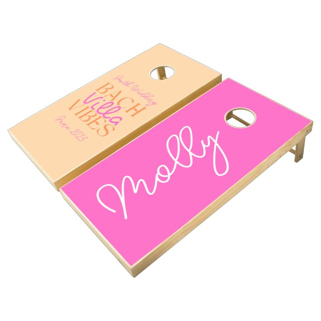 Bach Villa Vibes Tropical Bachelorette Cornhole Set (Angled)