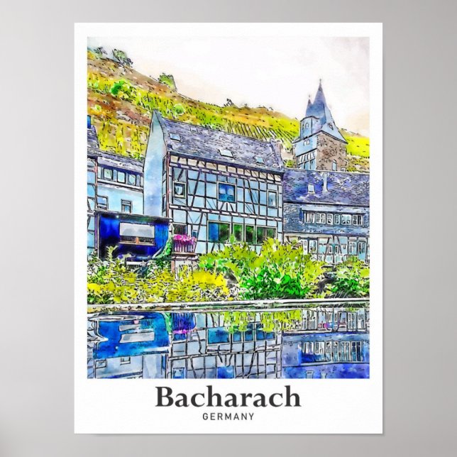 Bacharach Germany Art Travel Watercolor Hand Drawn Poster (Front)
