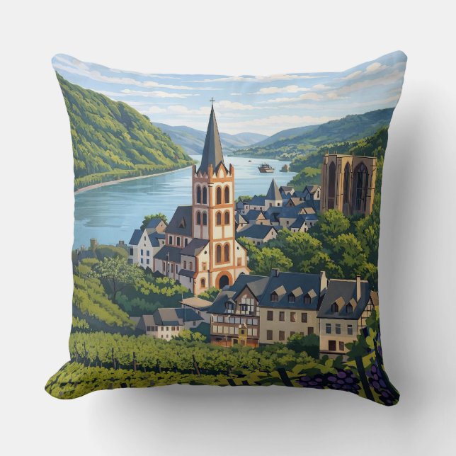 Bacharach Vintage Travel Art Throw Pillow (Front)