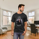 Bachelor black white photo man myth legend T-Shirt<br><div class="desc">Celebrate his special day in style with this personalized t-shirt! Featuring a classic black background and bold text that reads: "The Man, The Myth, The Legend." Customize the design by adding his name and a favorite photo to make it truly unique. This t-shirt is the perfect gift for a legendary...</div>