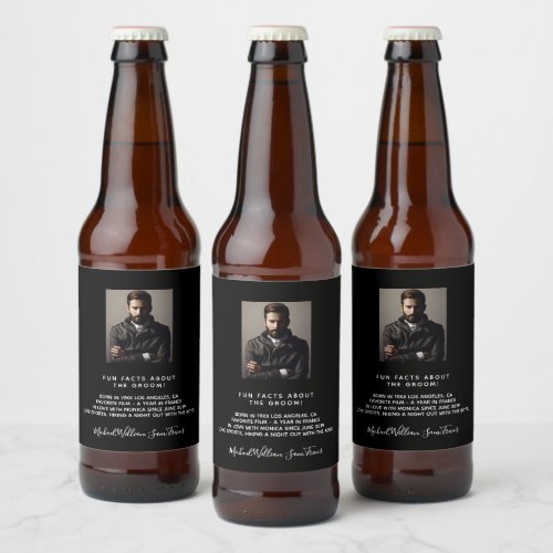 Bachelor custom photo fun facts bio black groom beer bottle label