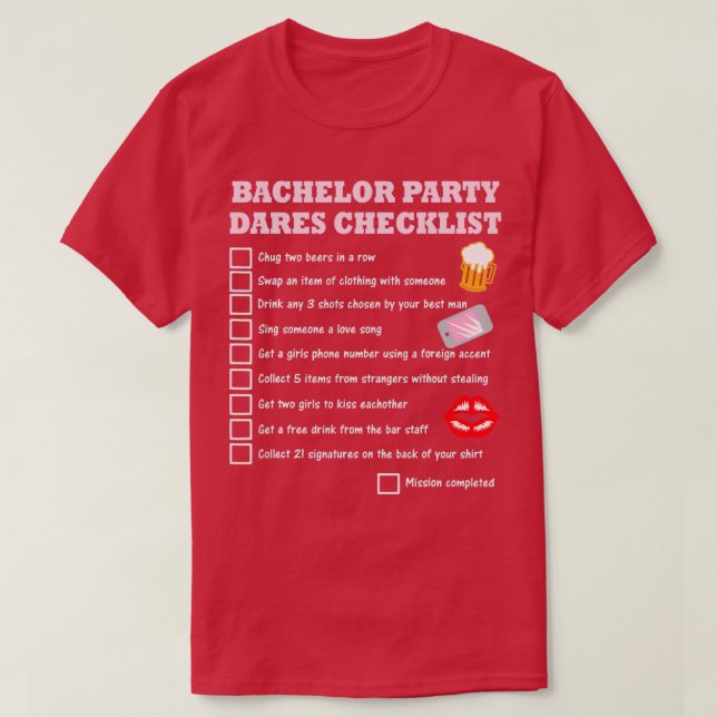 Bachelor farewell checklist with courage tests T-Shirt (Design Front)