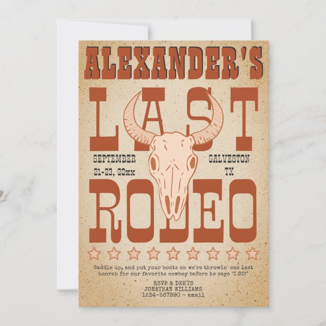 Bachelor Last RODEO Western Cowboy Texas Adventure Invitation (Front)
