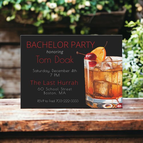 Bachelor Party Black Modern Old Fashioned Drink Invitation