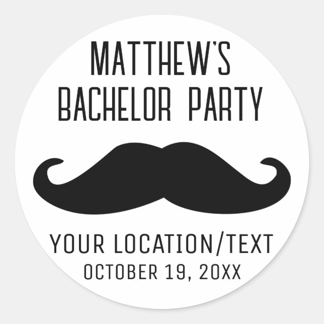 Bachelor Party Black Mustache Wedding Classic Round Sticker (Front)