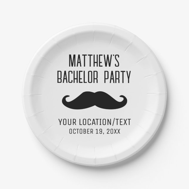 Bachelor Party Black Mustache Wedding Paper Plates (Front)