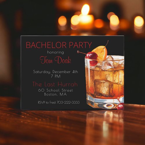 Bachelor Party Black Old Fashioned Drink Invitation