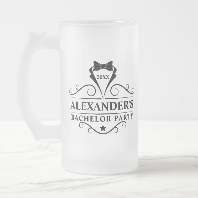 Bachelor Party Black Tie Frosted Glass Beer Mug (Left)