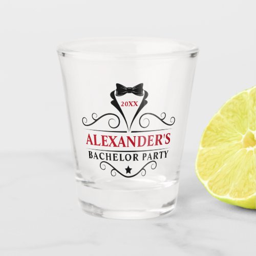 Bachelor Party Black Tie Red or Pick Text Color Shot Glass