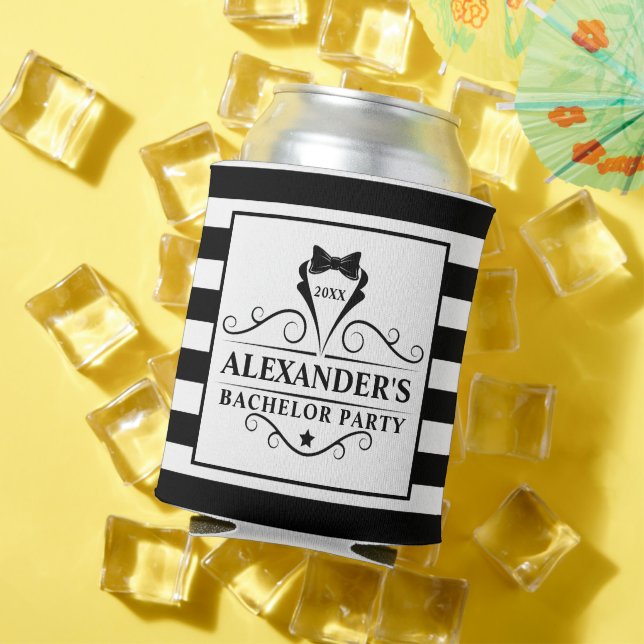Bachelor Party Black Tie Striped Can Cooler (In Situ Summer)
