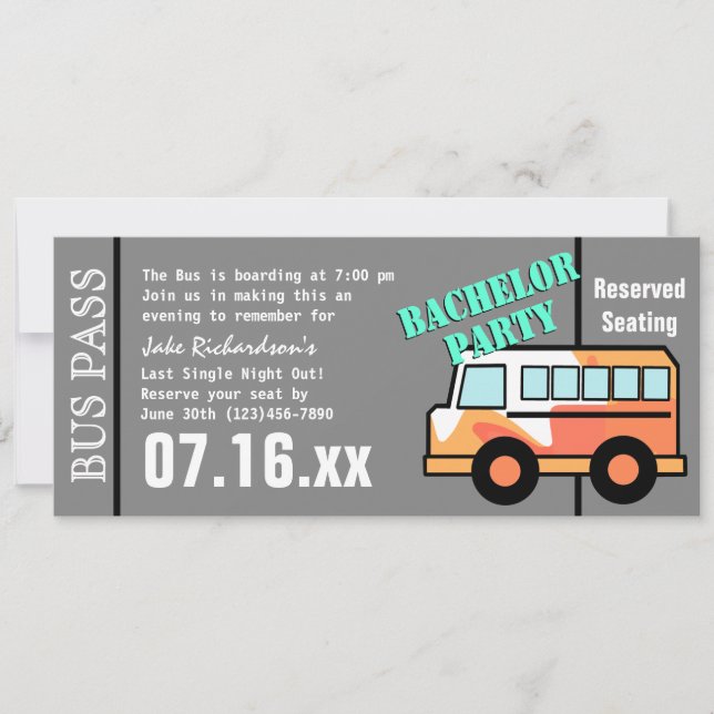Bachelor Party Bus Pass Orange Invitation (Front)