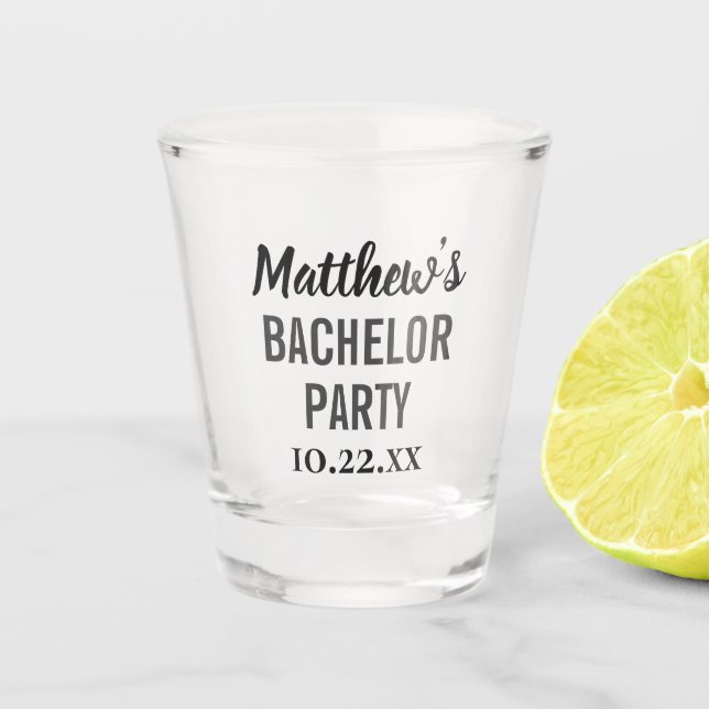 Bachelor Party Favor Modern Typography Shot Glass (Front)