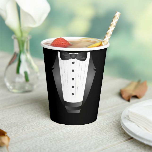 Bachelor Party Groomsman Team Groom black tuxedo Paper Cups (Insitu)