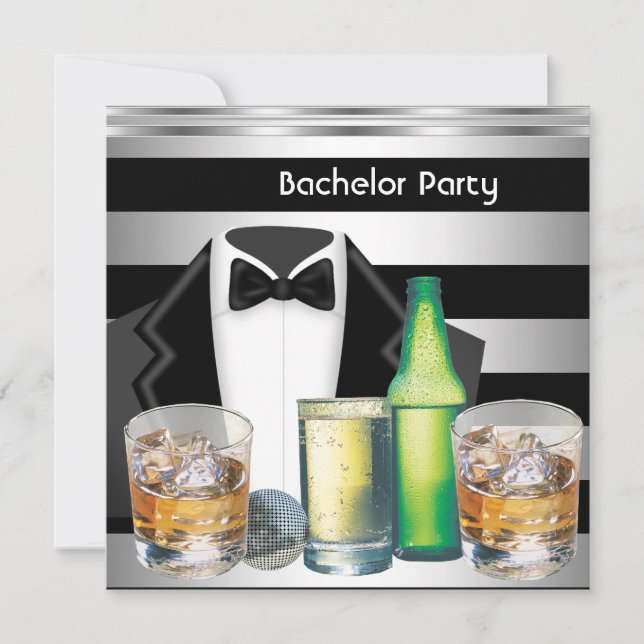 Bachelor Party Mens Drinks Tuxedo Black Silver Invitation (Front)