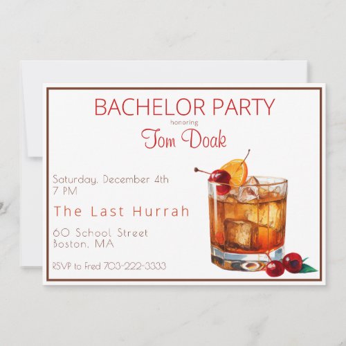 Bachelor Party Old Fashioned Drink Brown Border Invitation