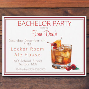 Bachelor Party Old Fashioned Drink White Border Invitation