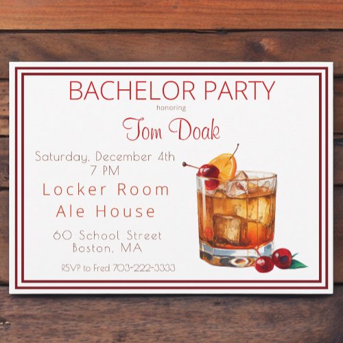 Bachelor Party Old Fashioned Drink White Border Invitation