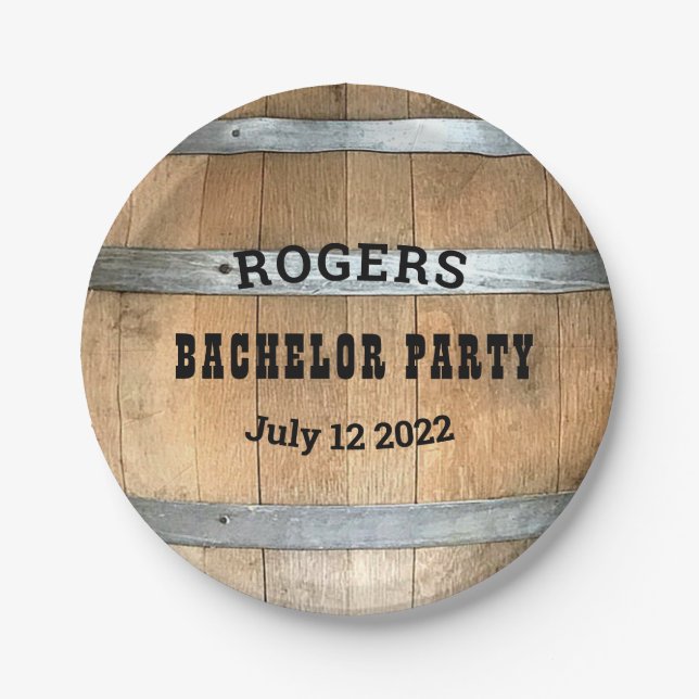 Bachelor Party Rustic Whiskey Barrel Paper Plates (Front)