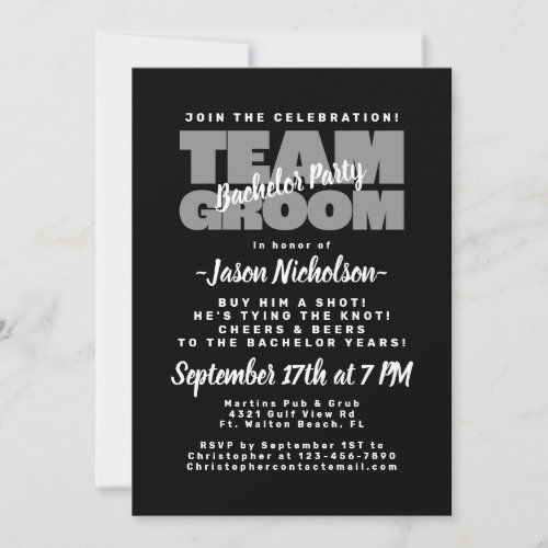 Bachelor Party Team Groom Black Masculine Stylish Invitation