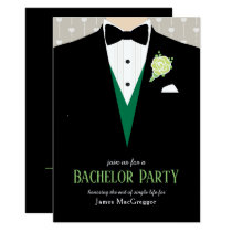 Bachelor party tuxedo green rose invitation
