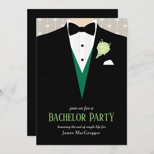 Bachelor party tuxedo green rose invitation