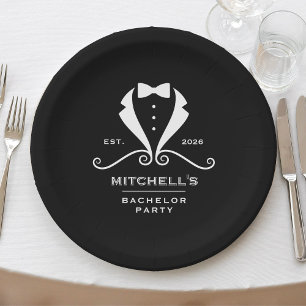 Bachelor Party Tuxedo Suit Bowtie Black Wedding Paper Plates