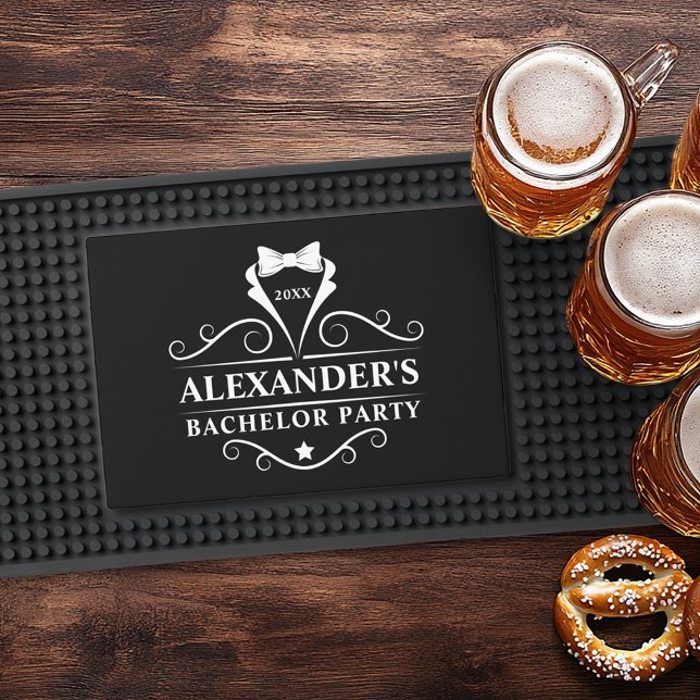 Bachelor Party Tuxedo Tie Bar Mat (Customize to change background color, text size or text style.)