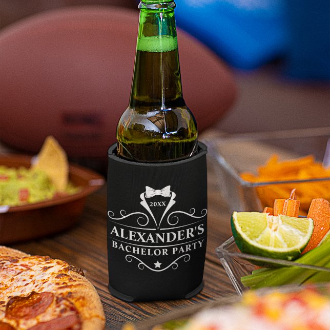 Bachelor Party Tuxedo Tie Black Can Cooler (Customize to change text size or text style.)