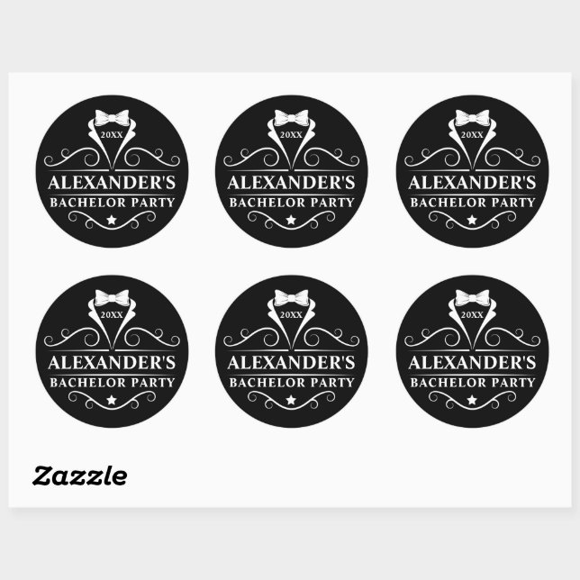 Bachelor Party Tuxedo Tie Black Classic Round Sticker (Sheet)
