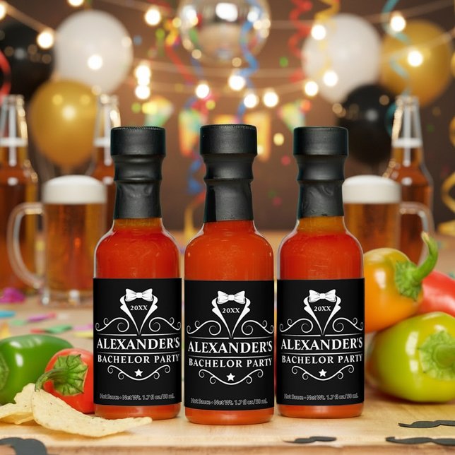 Bachelor Party Tuxedo Tie Black Label Hot Sauces (Customize to change background color.)