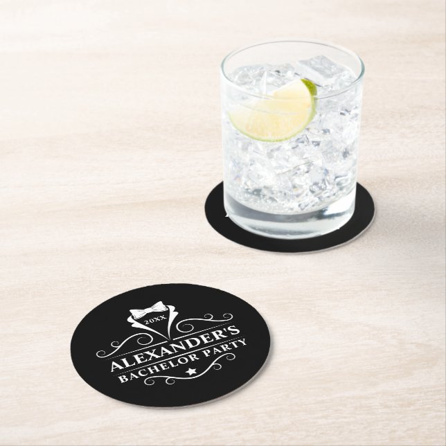Bachelor Party Tuxedo Tie Black  Round Paper Coaster (Insitu)