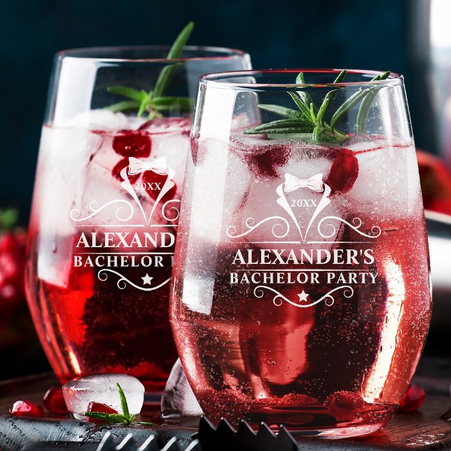 Bachelor Party Tuxedo Tie Etched Stemless Wine Glass (Customize to change text size.)