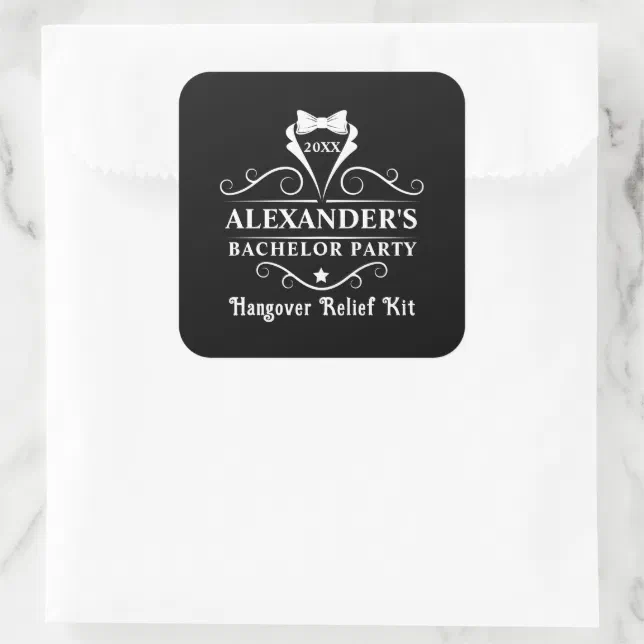 Visual Reference: Bachelor Party Tuxedo Tie Hangover Relief Black Square Sticker