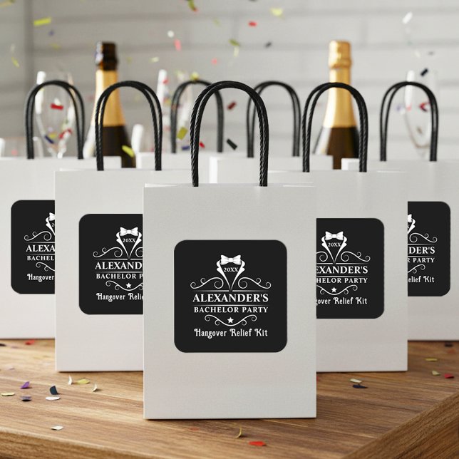 Bachelor Party Tuxedo Tie Hangover Relief Black Square Sticker (Customize to change background color.)