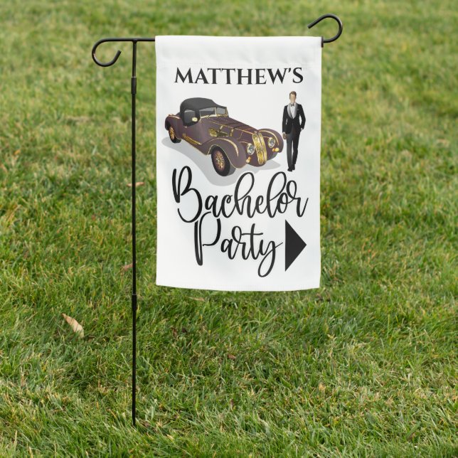 Bachelor party vintage car tuxedo groom arrow garden flag (In SItu)
